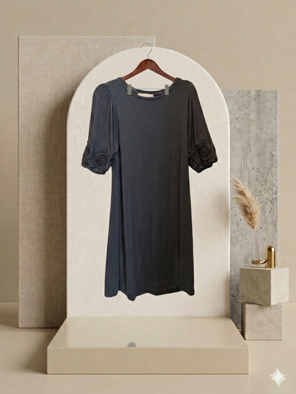 LOFT Charcoal Black Midi Dress with Eyelet Puff Sleeves